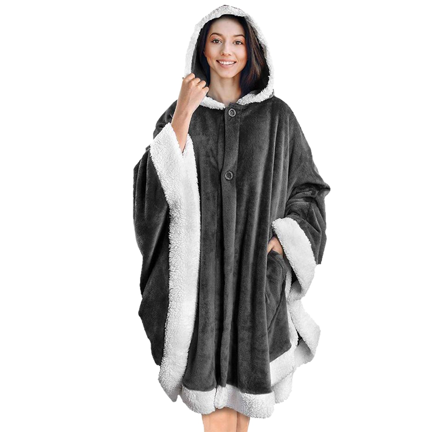 title:Hoodie Blanket Wrap Wearable Hoodie Snuggle Robe Sweatshirt Soft Lined Cuddle Poncho Cape w/ Hat 2 Pockets Buttons;color:Gray