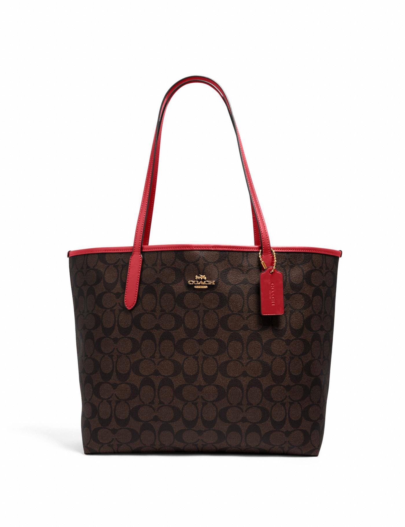 title:Coach Women's Brown & Red City Tote In Signature Canvas;color:Brown / Red