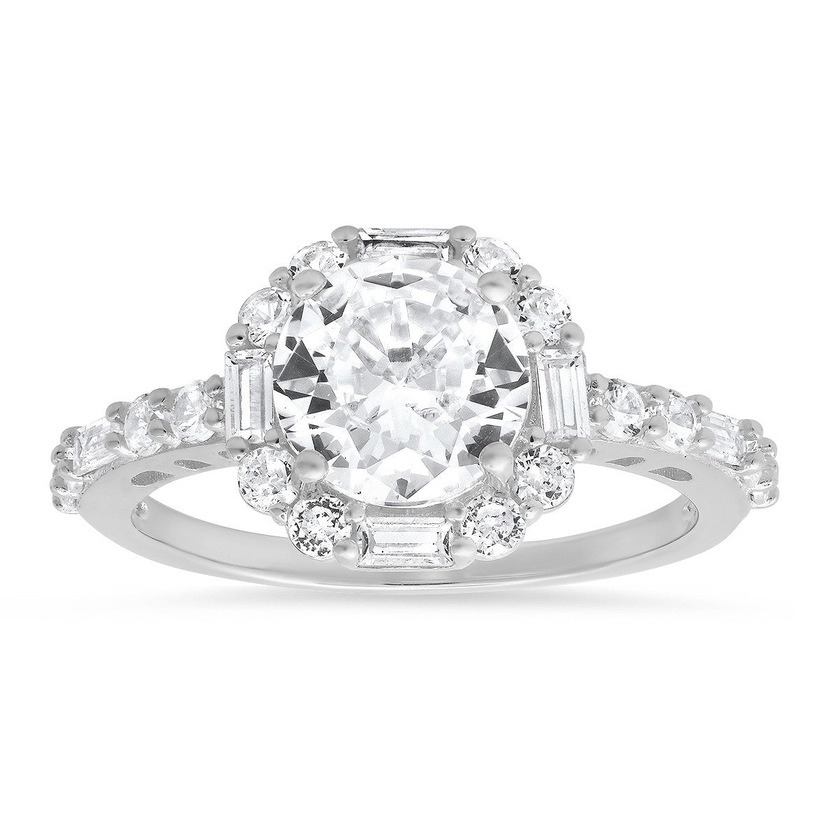 Sterling Silver Round and Baguette-cut Halo CZ Ring - Ruumur