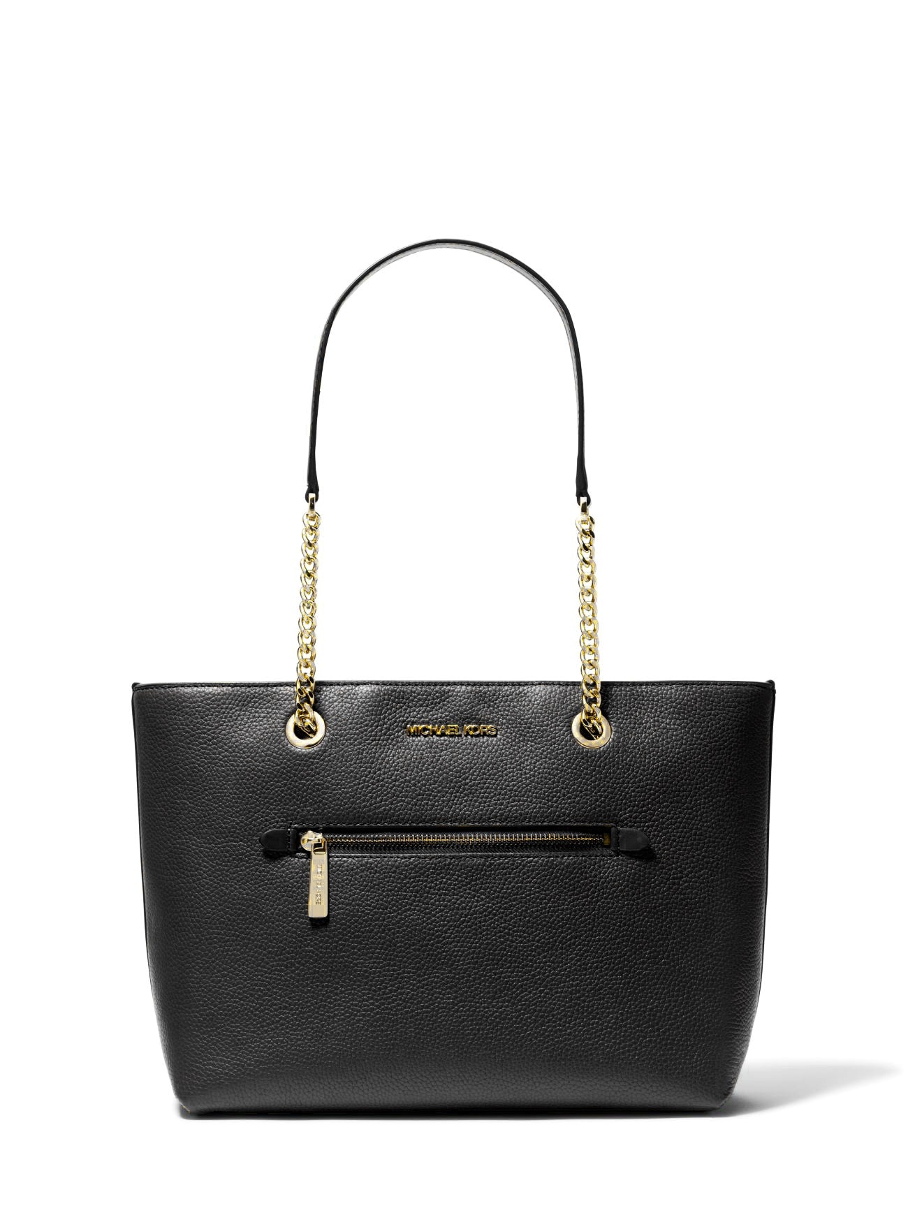 title:Michael Kors Women's Black Jet Set Medium Pebbled Leather Chain Tote Bag;color:Black