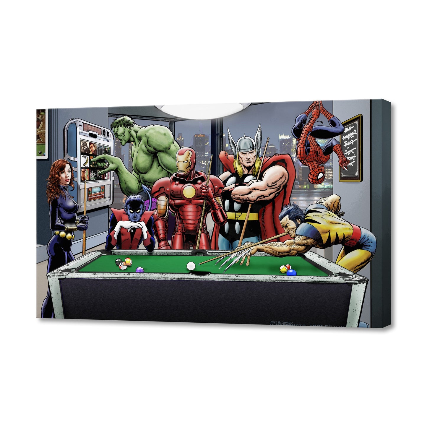 Afterhours: Marvel Superheroes Relax Playing Pool Fine Art Stretched Canvas