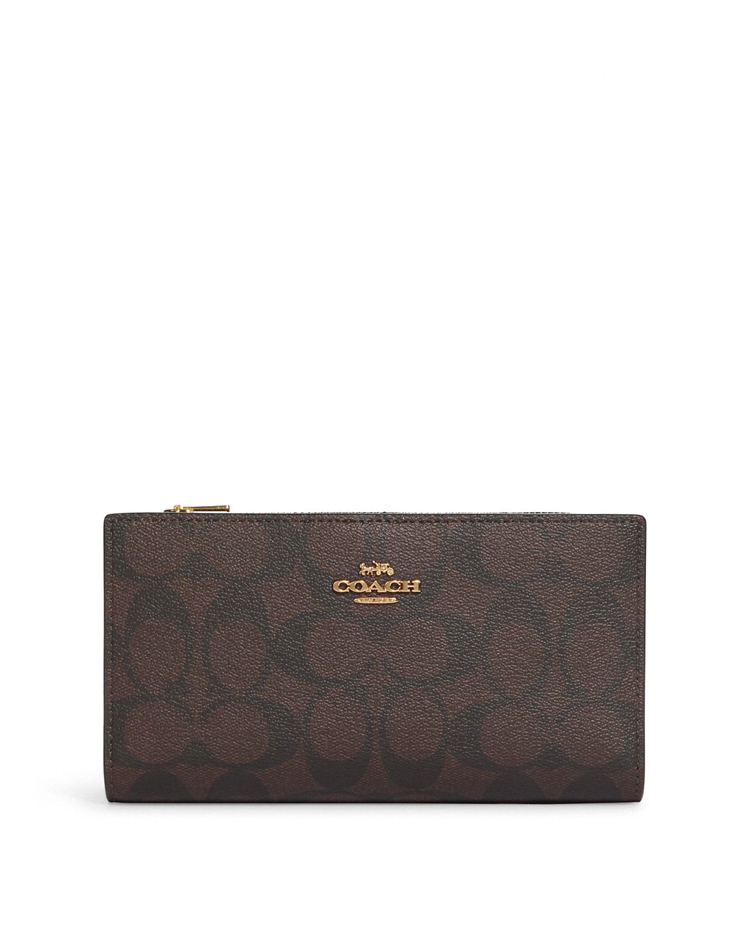 title:Coach Women's Brown & Black Slim Zip Wallet In Signature Canvas;color:Brown / Black