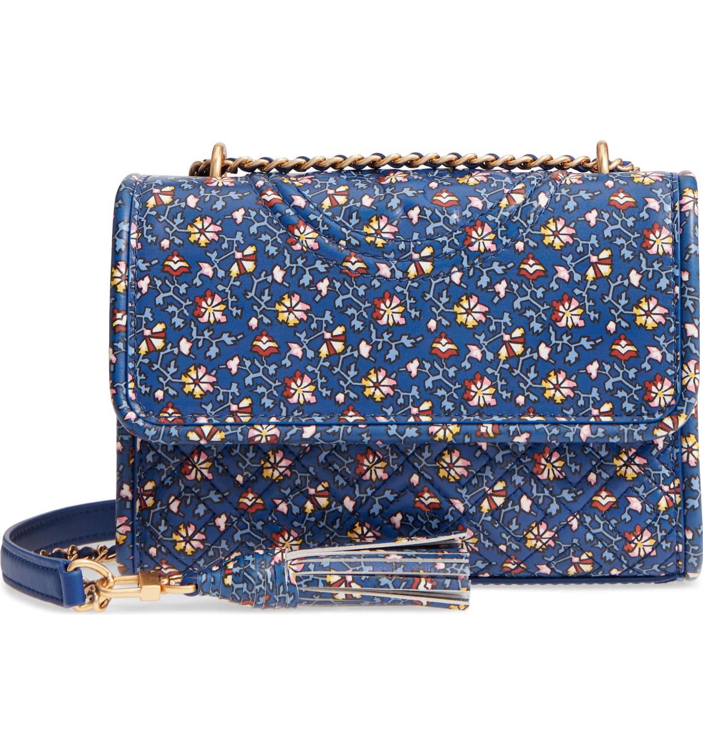 title:Tory Burch Blue Wild Pansy Fleming Printed Small Convertible Shoulder Bag;color:Blue Wild Pansy