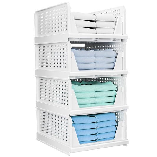 title:4 Packs Plastic Storage Box Closet Organizer Foldable Storage Bin Stackable Drawer with Slide Rail Push-Pull Storage Basket for Living Room Bedroom Wa;color:White