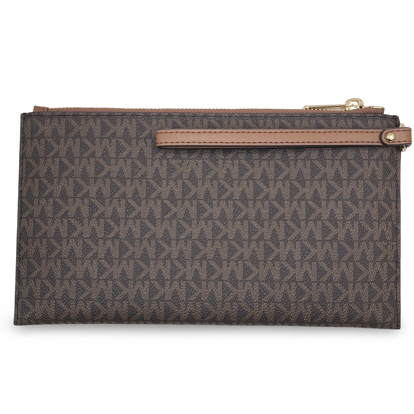 title:Michael Kors Women's Jet Set Travel Large Logo Print Canvas Top Zip Wristlet Pouch;color:Brown