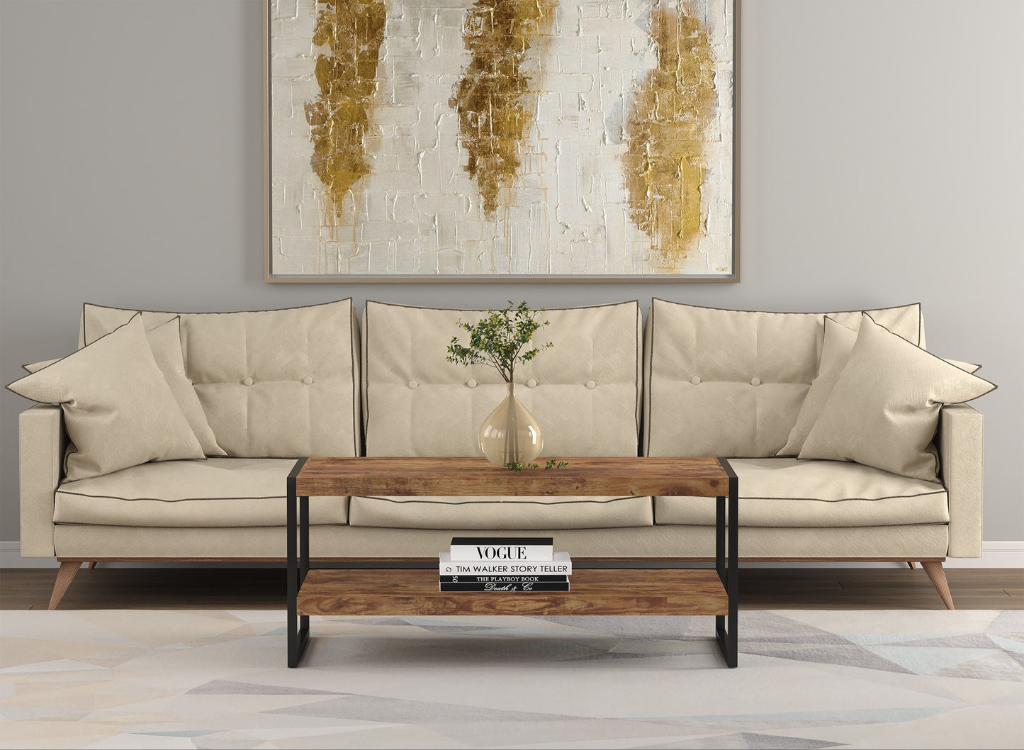 Safdie & Co. Coffee Table 47.25" Brown Reclaimed Wood Black Metal, Central Table for Living Room