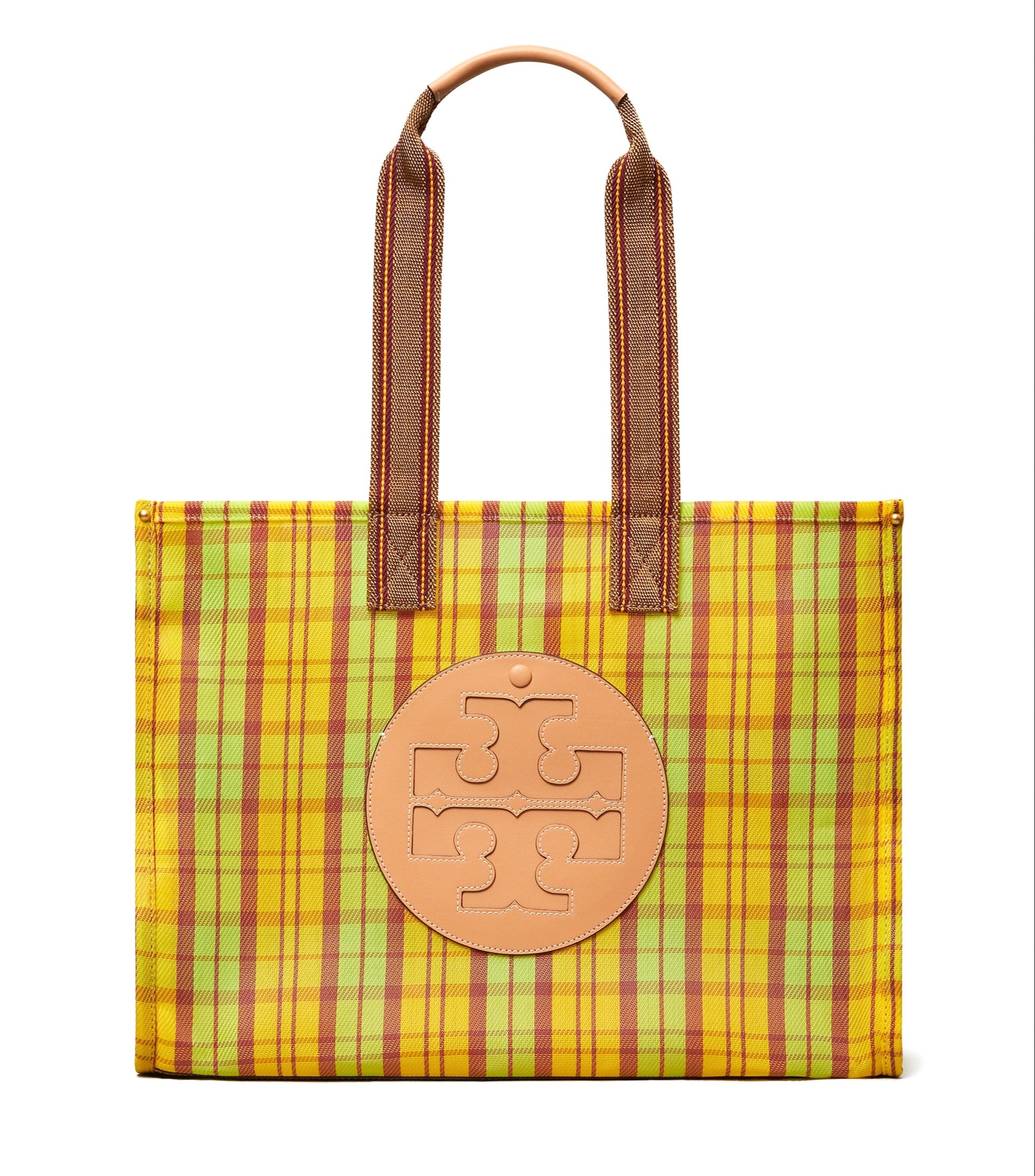 title:Tory Burch Green, Yellow Mercado Plaid Ella Mesh Market Tote Bag;color:Green, Yellow Mercado Plaid