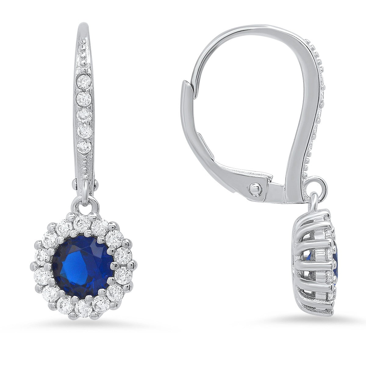 title:Sterling Silver Sapphire CZ Halo Leverback Earrings;color:not applicable