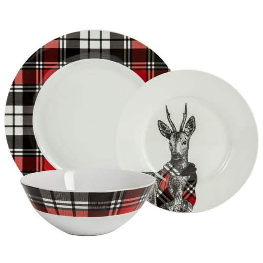 Safdie & Co. Dinnerware Set 12Piece Round Rim� Cabin Plaid, Service for 4