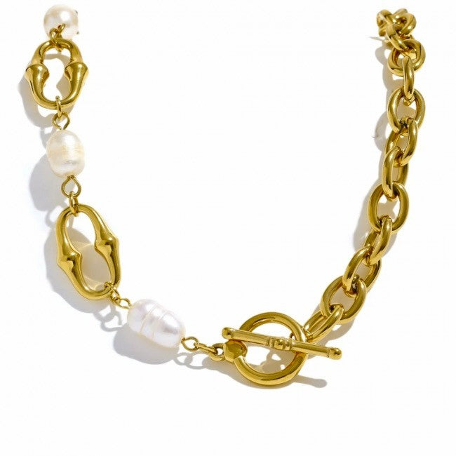 title:18K Gold-Plated Necklace with Freshwater Pearls & Toggle Clasp;color:Gold