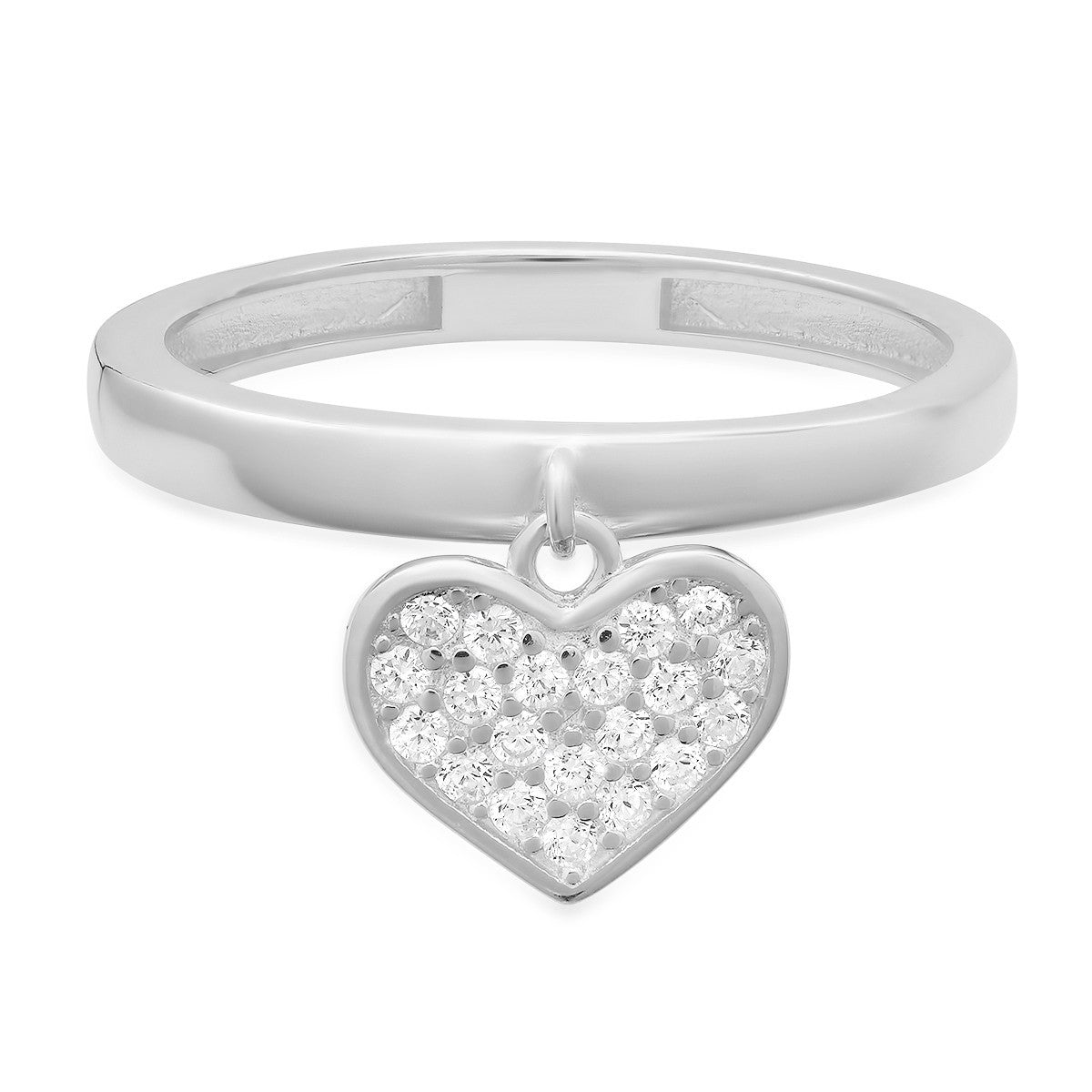 Sterling Silver Dangling Heart CZ Ring - Ruumur