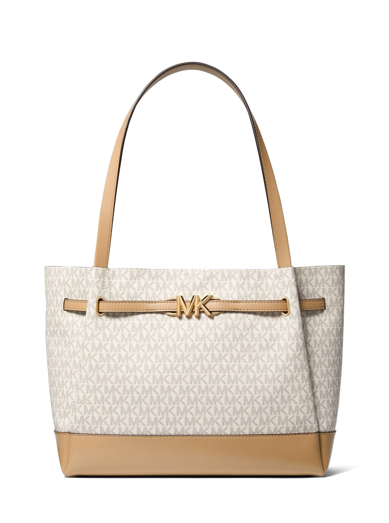 title:Michael Kors Reed Large Belted Logo Tote;color:Camel Multi