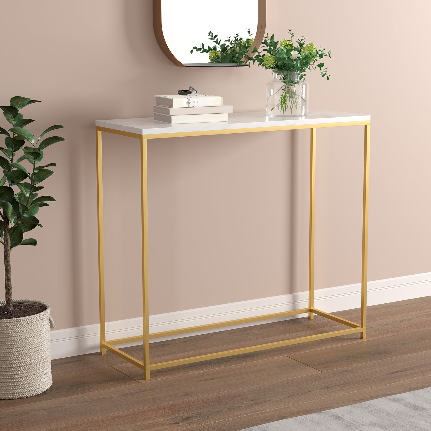 Safdie & Co. Console Table 31" Marble Gold Metal, Entryway or Sofa Table for Living Room