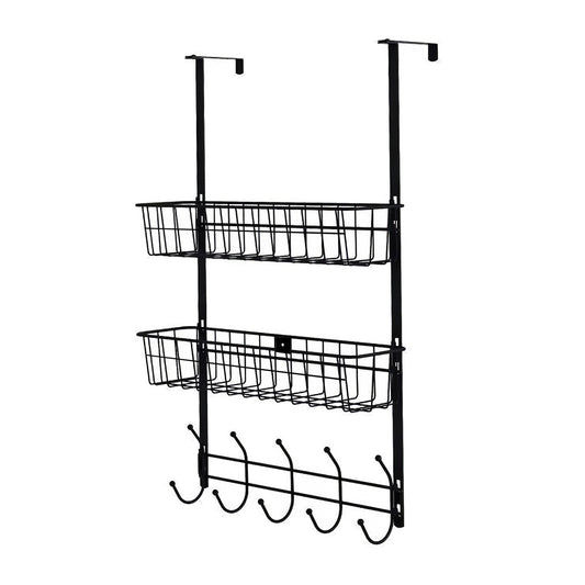 title:Over The Door Hooks Organizer Door Towel Rack Hanger 5 Hooks with 2 Metal Baskets for Bathroom Bedroom Kitchen Storage Shelf;color:Black