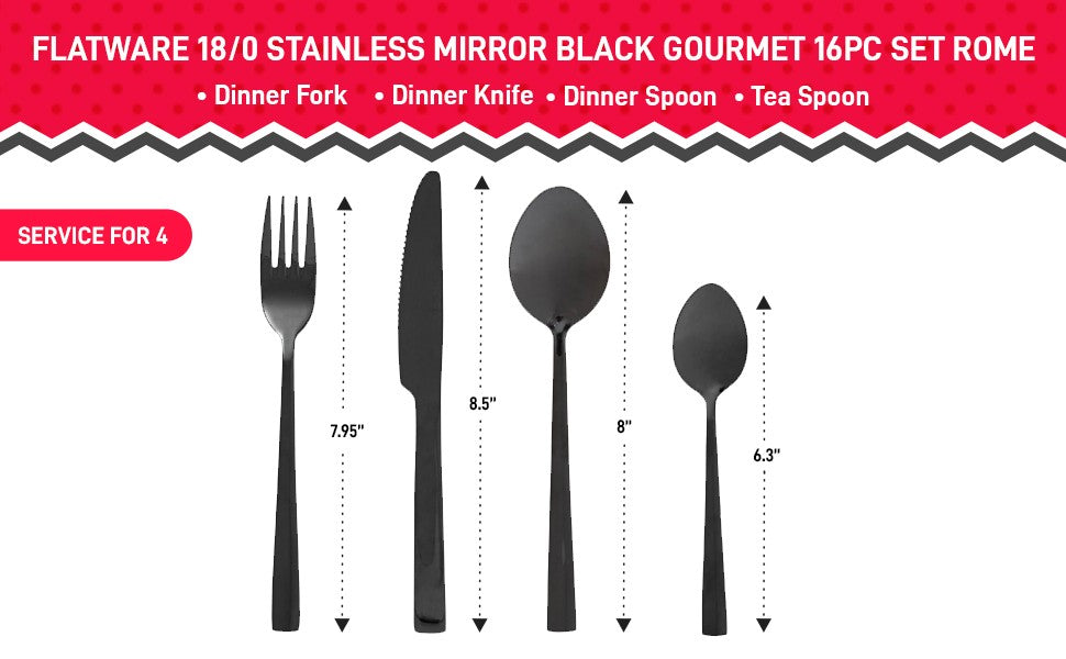 Safdie & Co. Silverware Flatware Cutlery Stainless Steel Mirror Black Gourmet 16 piece Set Rome