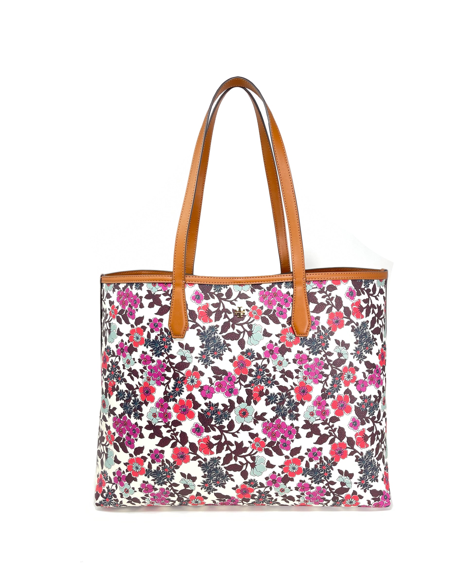 title:Tory Burch Cream Red Blue Wallpaper Floral Kerrington Tote;color:Cream Red Blue Wallpaper Floral