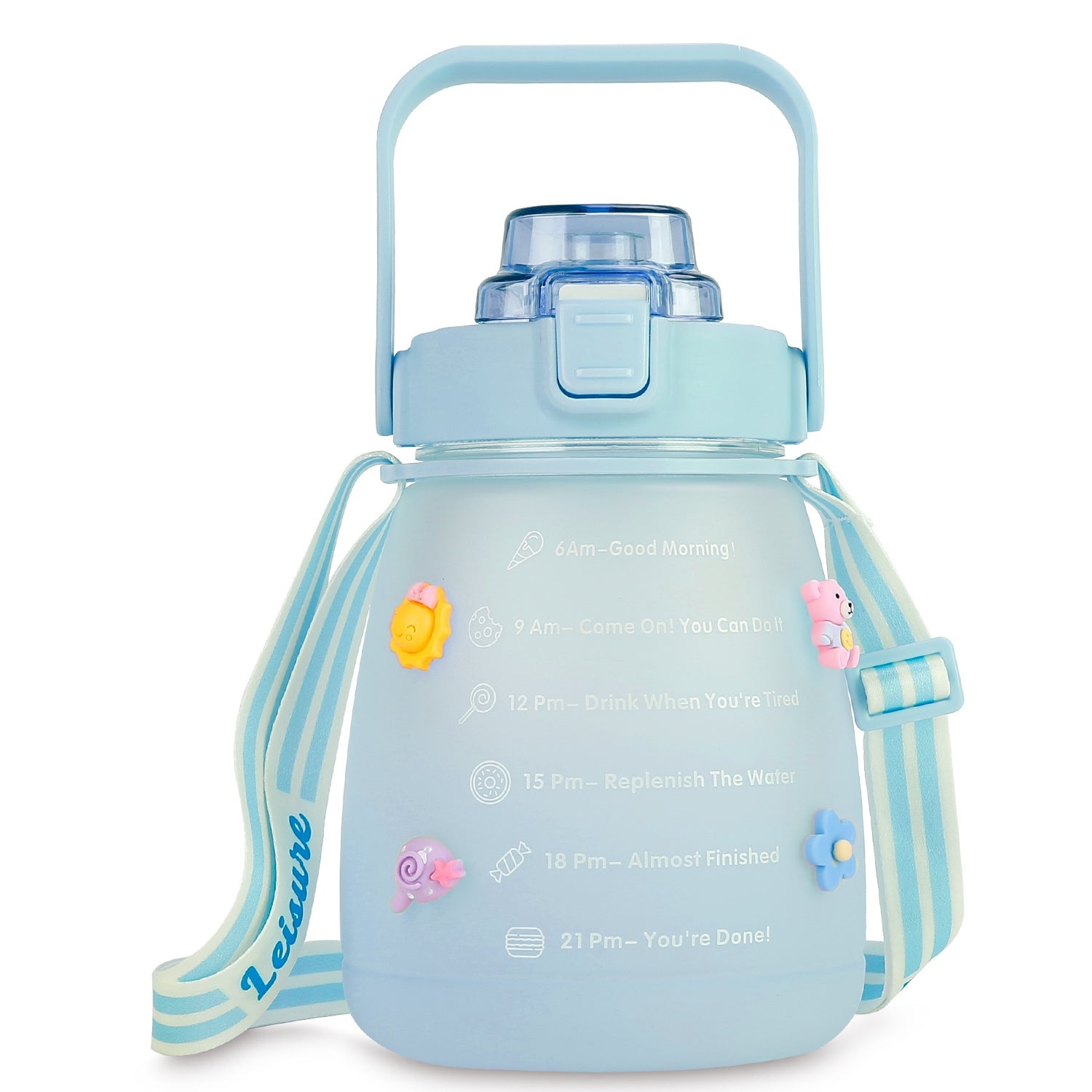 title:Kawaii Water Bottle with Straw 37.2oz Large Capacity Portable Sports Bottle with Cute Three-Dimensional Stickers;color:Blue