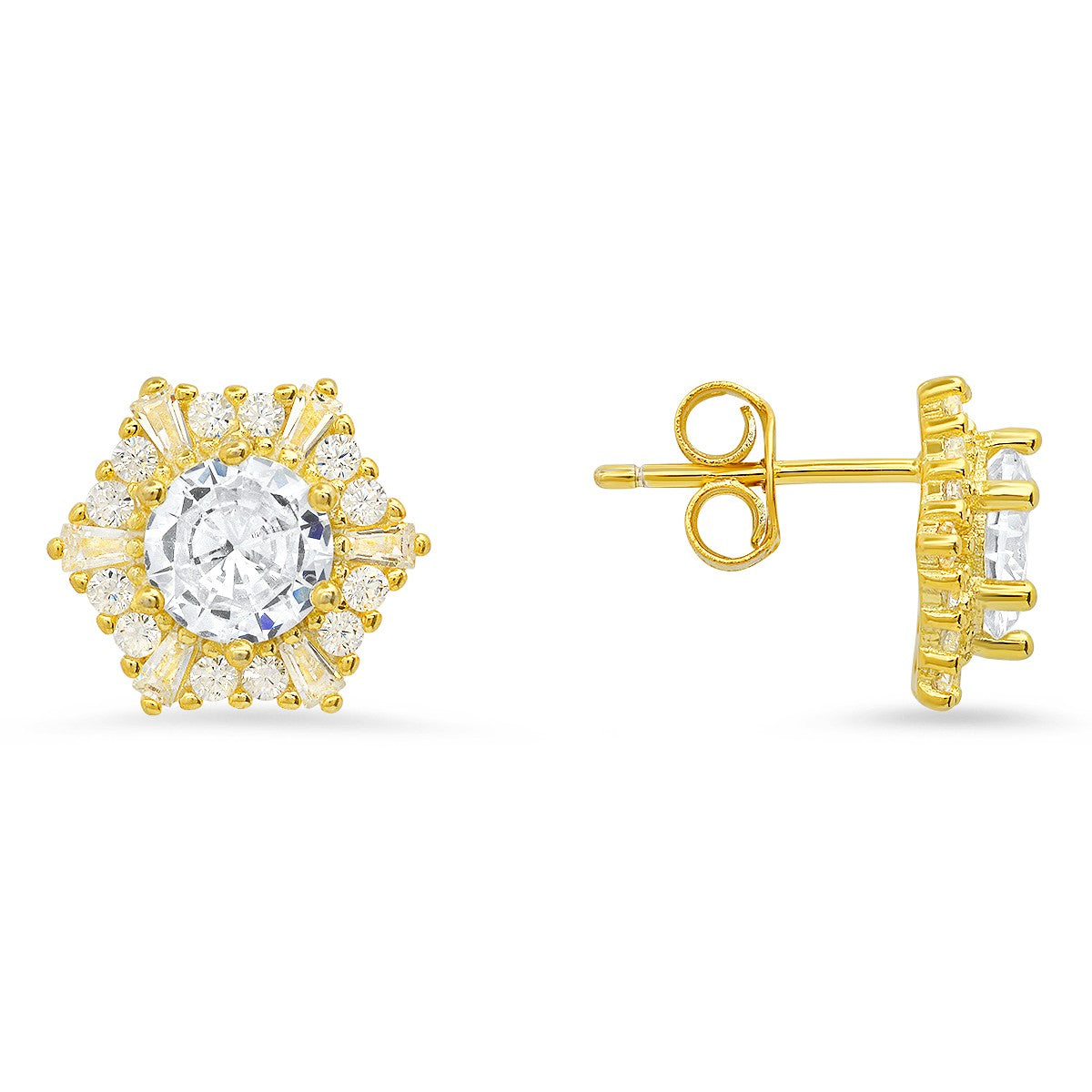 title:Sterling Silver Hexagon CZ Halo Stud Earrings;color:Gold