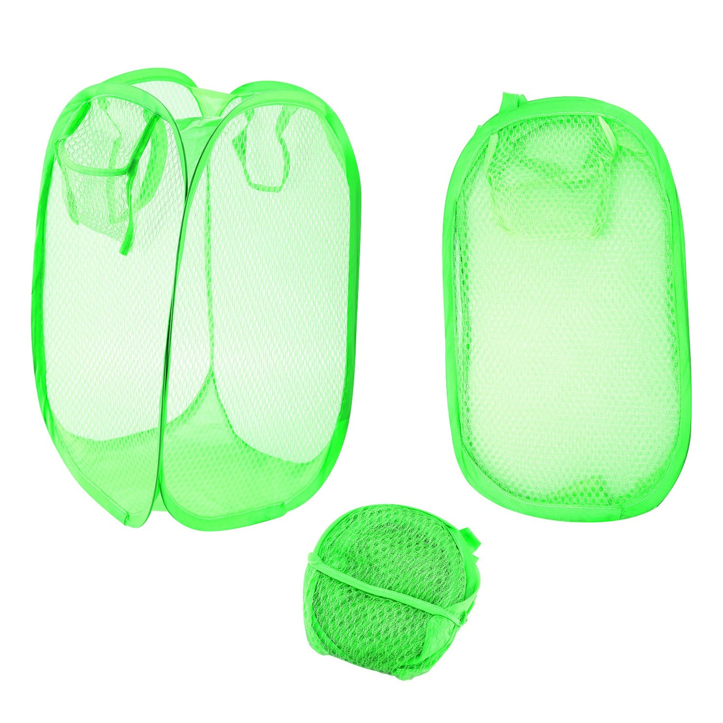 title:3Pcs Pop-Up Laundry Hampers Foldable Mesh Hamper Clothes Laundry Basket Bins w/ Handles for Storage Kids Room College Dorm Travel Use;color:Green