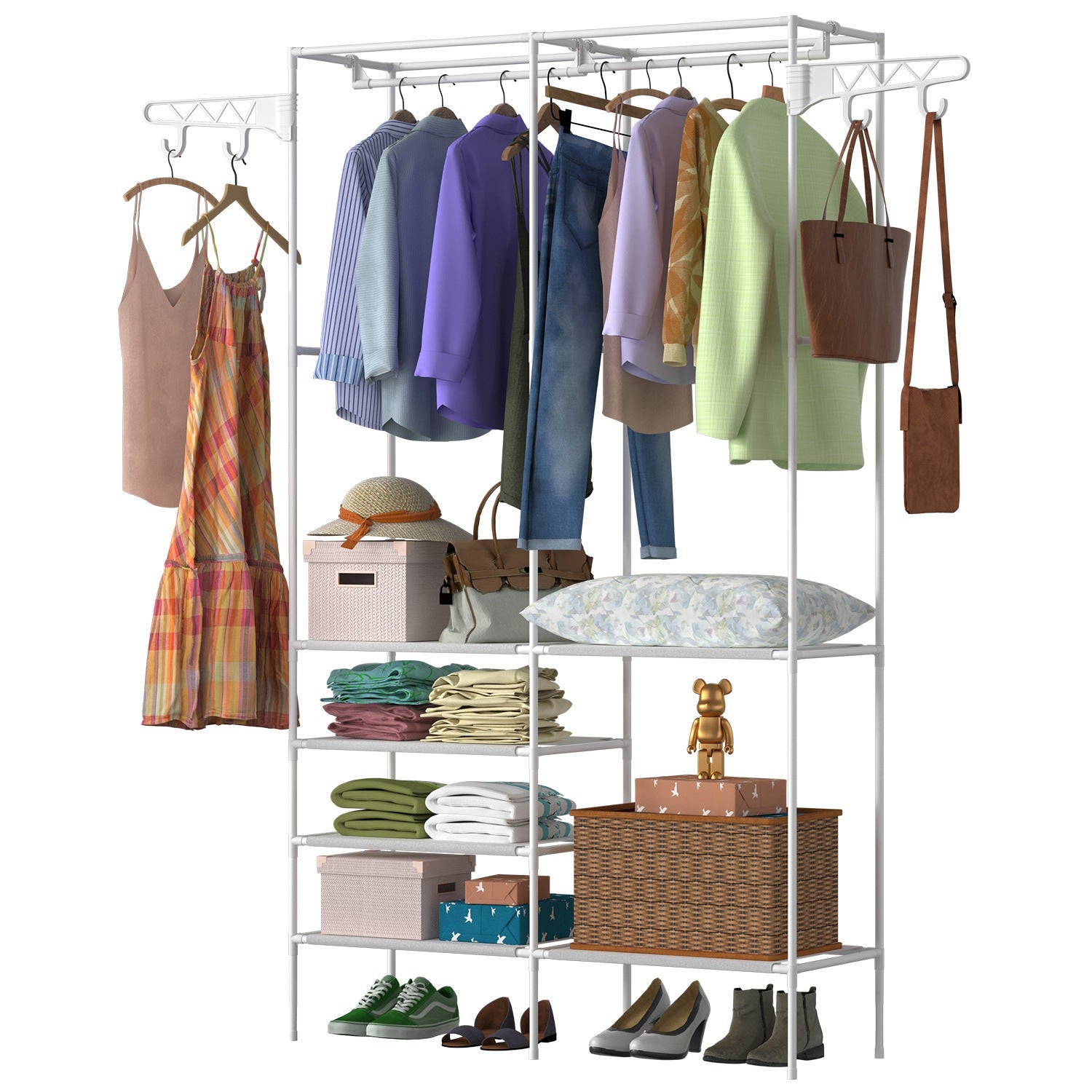 title:Metal Garment Rack Shoe Clothing Organizer Shelves Freestanding Multifunctional Clothes Wardrobe;color:White