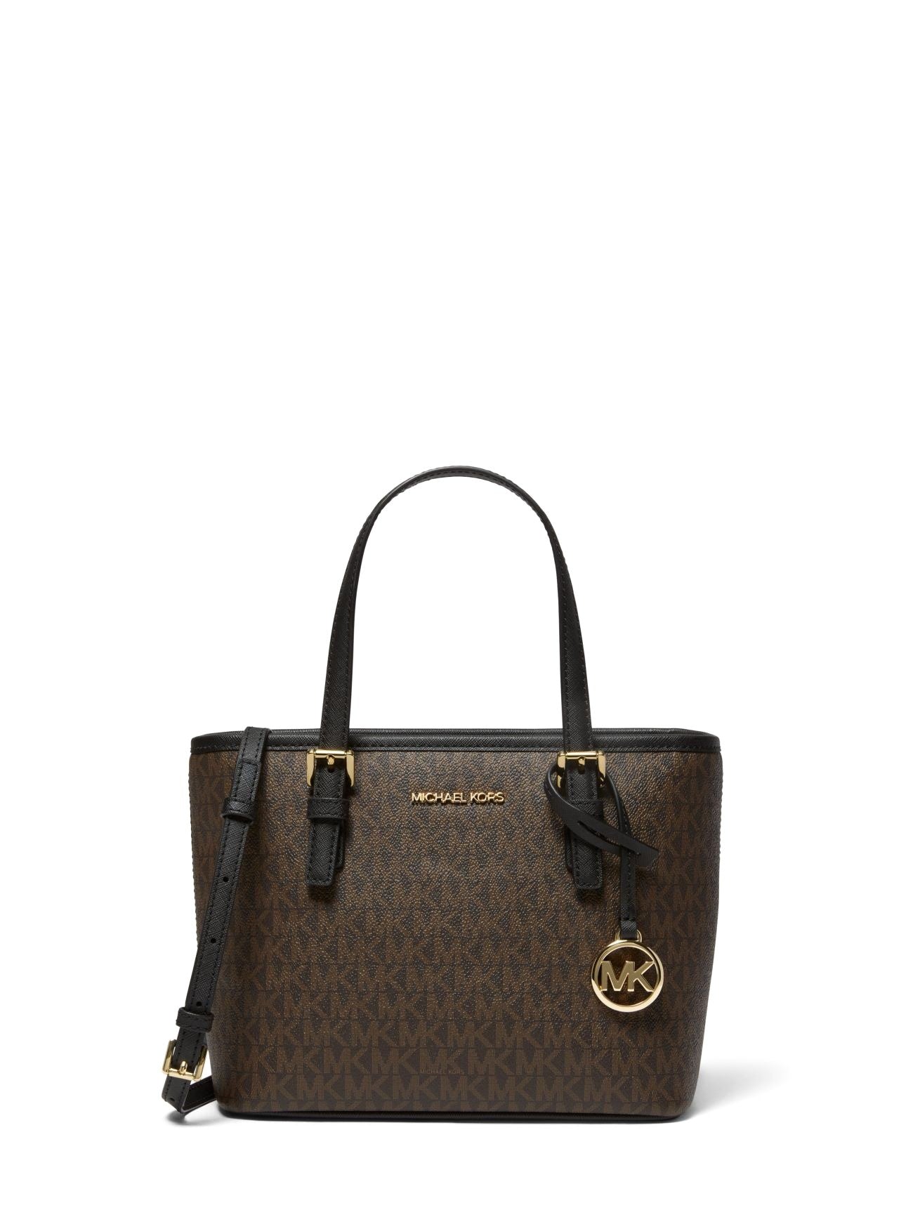 title:Michael Kors Women's Brown & Black Jet Set Travel Extra-Small Logo Top-Zip Tote Bag;color:Brown / Black