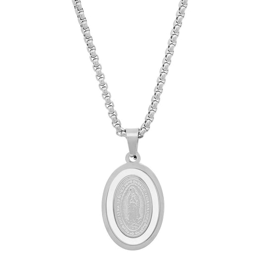 Stainless Steel & Mother Of Pearl Lady Of Guadalupe Pendant