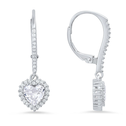 Sterling Silver Heart-cut Birthstone CZ Halo Leverback Earrings - Ruumur