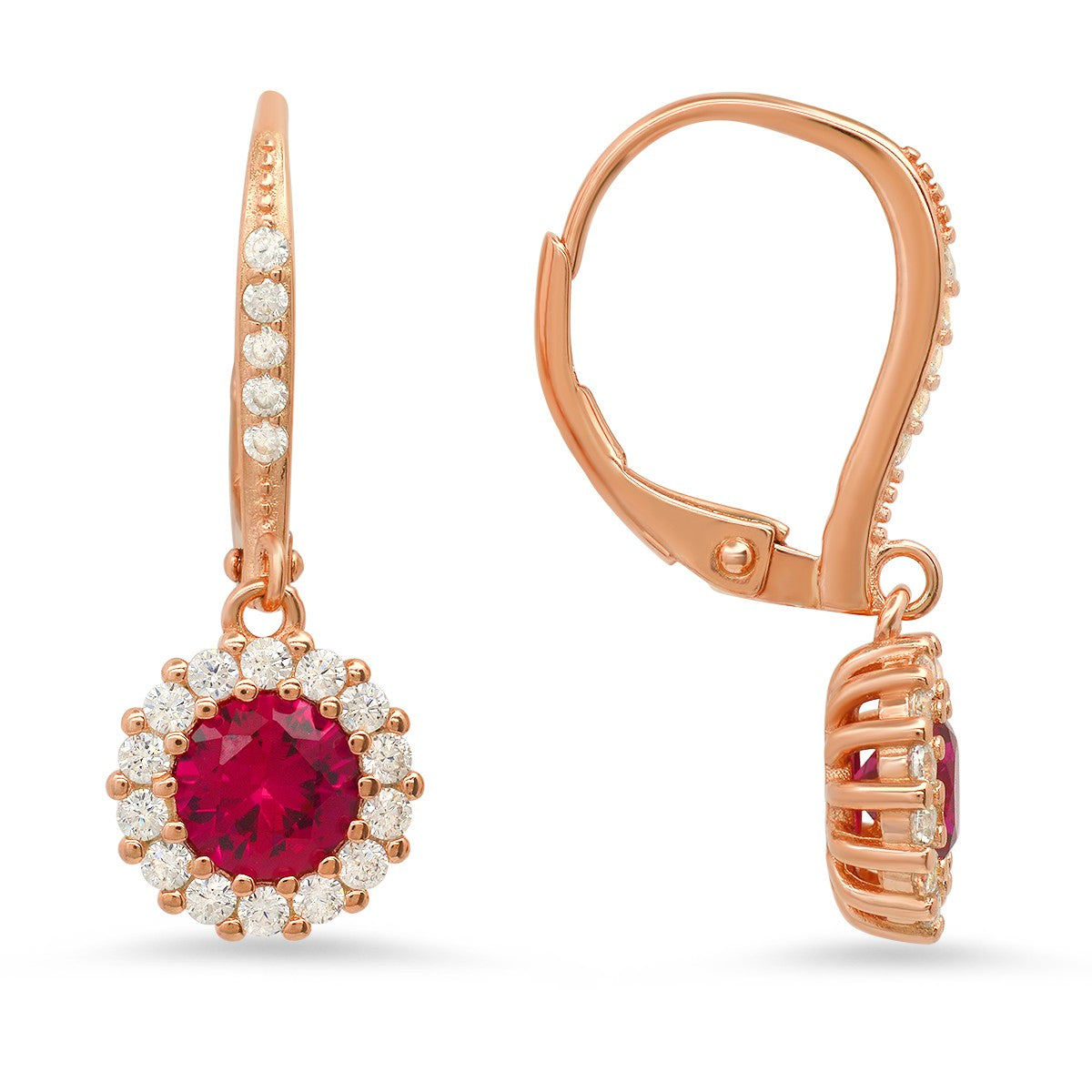 14k Rose Gold Over Silver Ruby CZ Halo Leverback Earrings - Ruumur