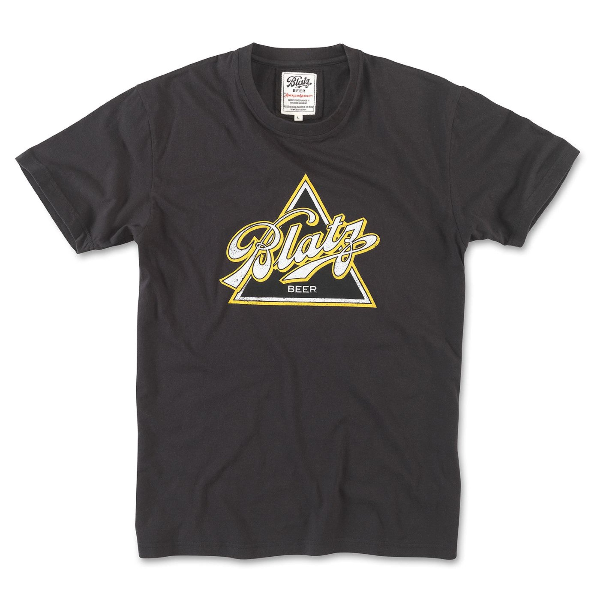title:Blatz Beer Retro Style Logo Brass Tacks T-Shirt;color:Black