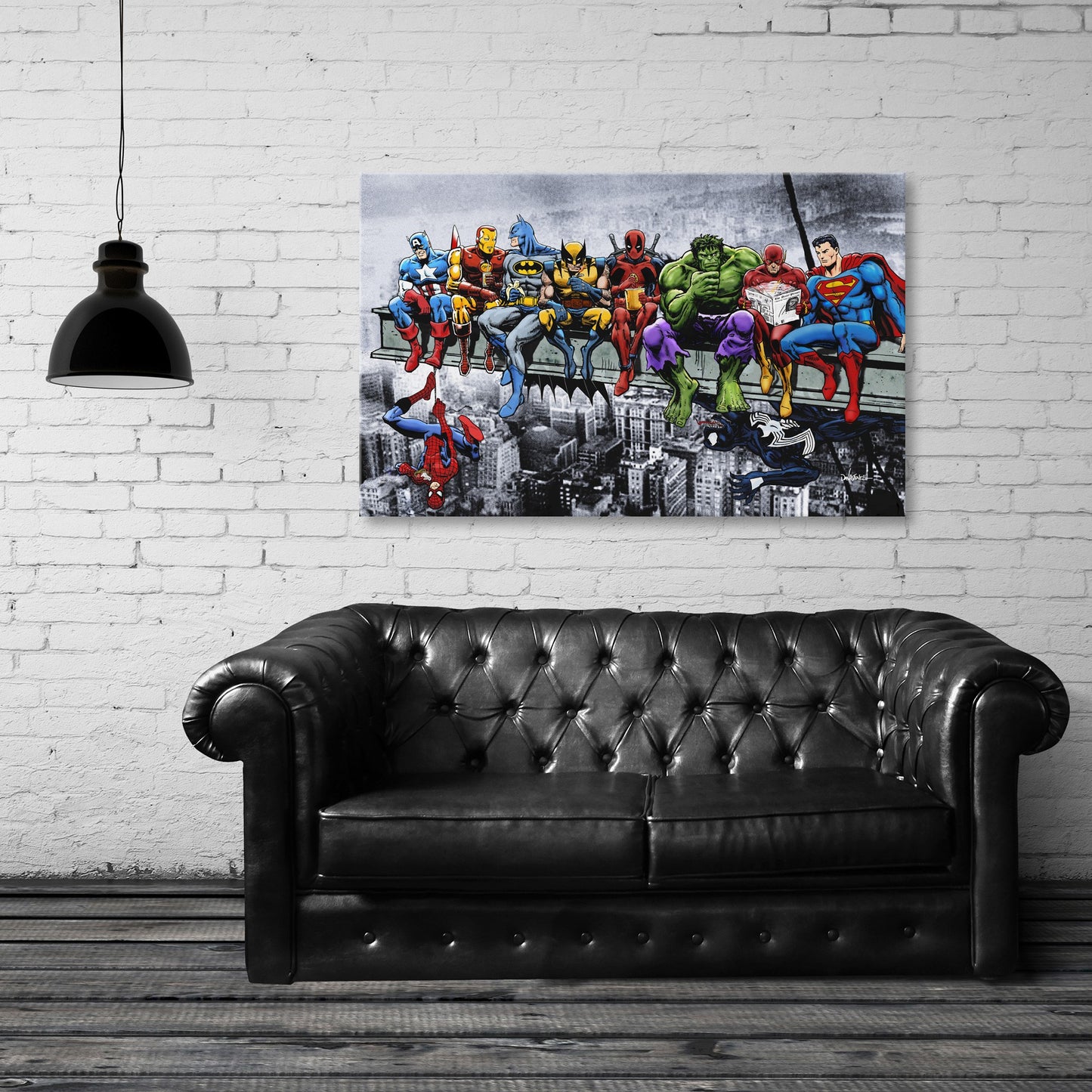 Marvel And Dc Superheroes Lunch Atop A Skyscraper Fine Art Stretched Canvas