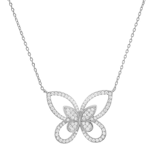 Sterling Silver Curved CZ Butterfly Necklace - Ruumur