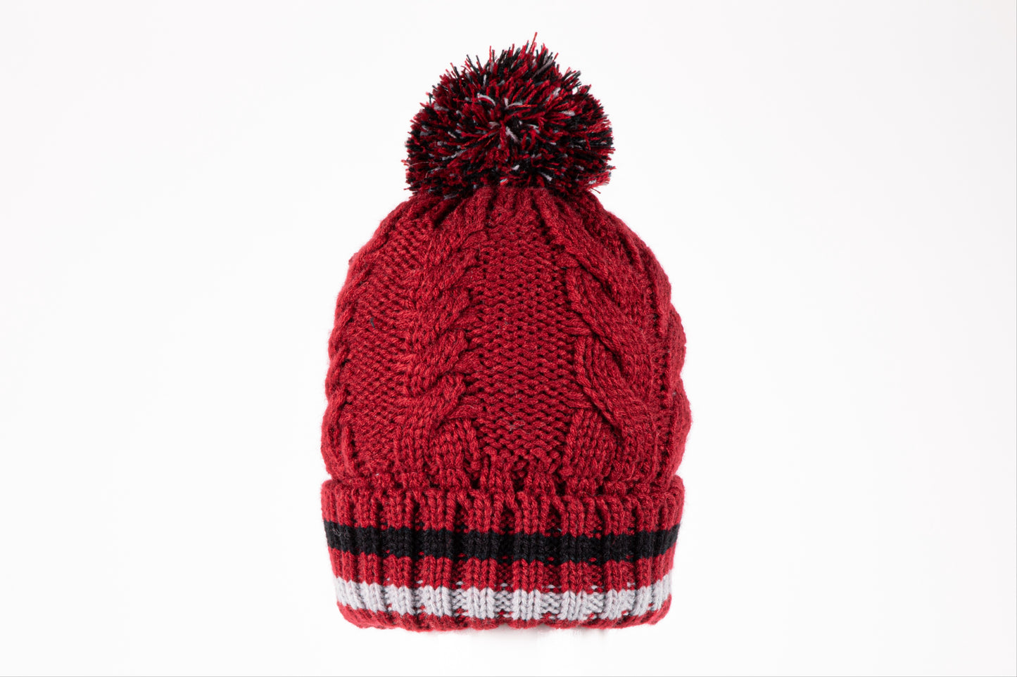 di firenze Cable Knit Hat With Pompom And Striped Border