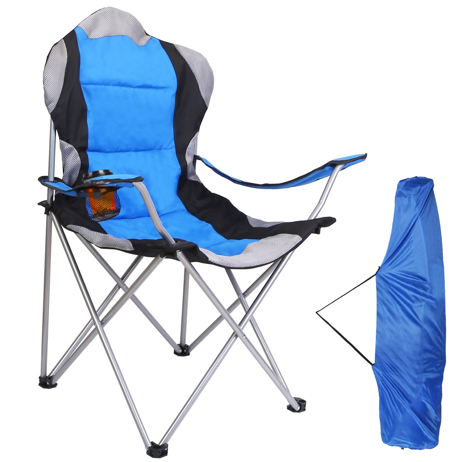 title:Foldable Camping Chair Heavy Duty Steel Lawn Chair Padded Seat Arm Back Beach Chair 330LBS Max Load with Cup Holder Carry Bag;color:Blue