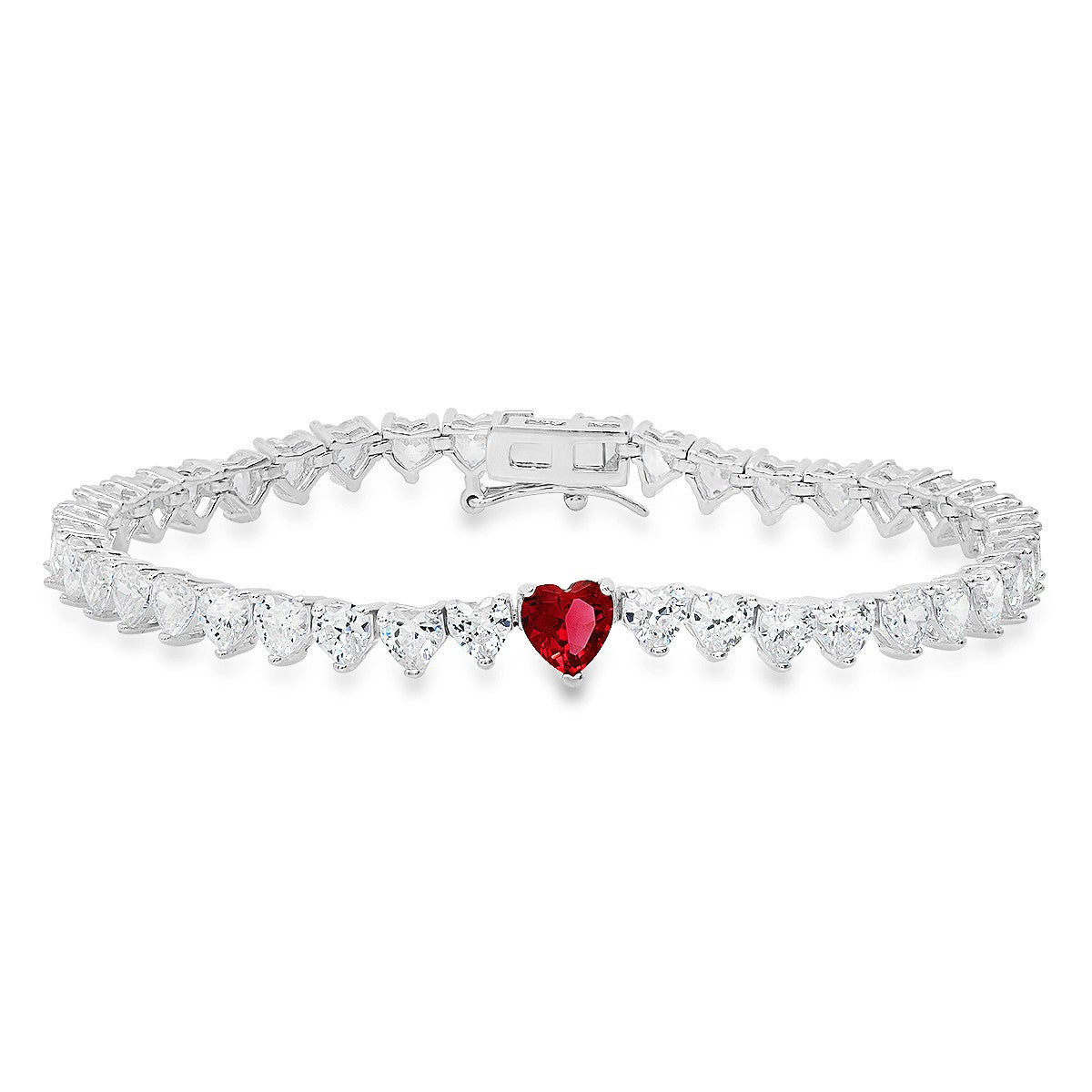 title:Sterling Silver 7.25" Ruby CZ Heart-cut CZ Tennis Bracelet;color:Silver