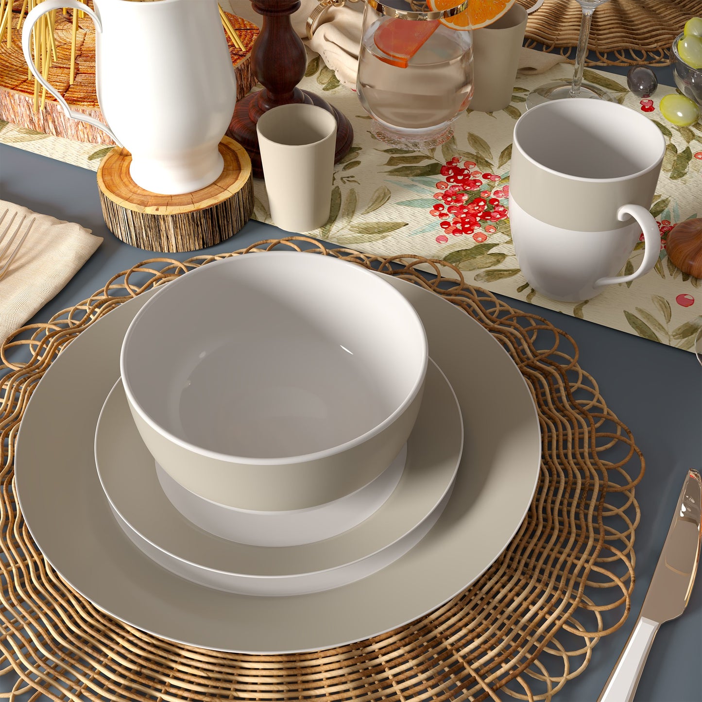 Safdie & Co. Dinnerset 16PC Round Rim Taupe Band