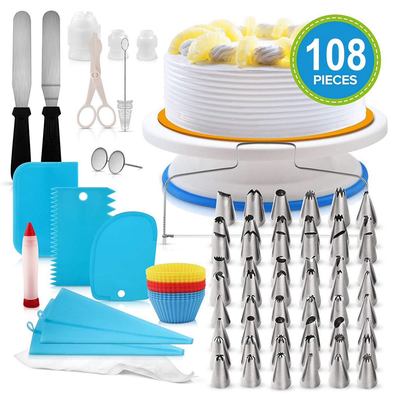 title:11in Rotating Cake Turntable 108Pcs Cake Decorating Supplies Kit Revolving Cake Table Stand Base Baking Tools;color:Multi