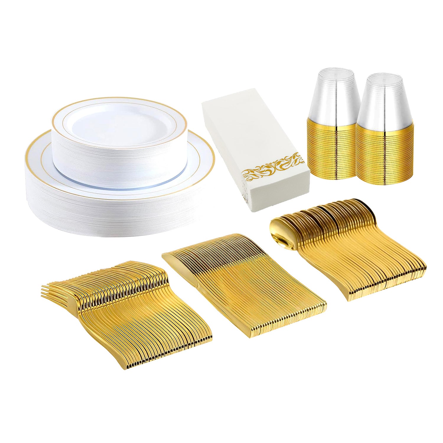 title:175Pcs Disposable Gold Dinnerware Set Gold Rim Plastic Plates Cups Fork Spoon Knife Paper Napkins for Party Wedding Graduation;color:not applicable