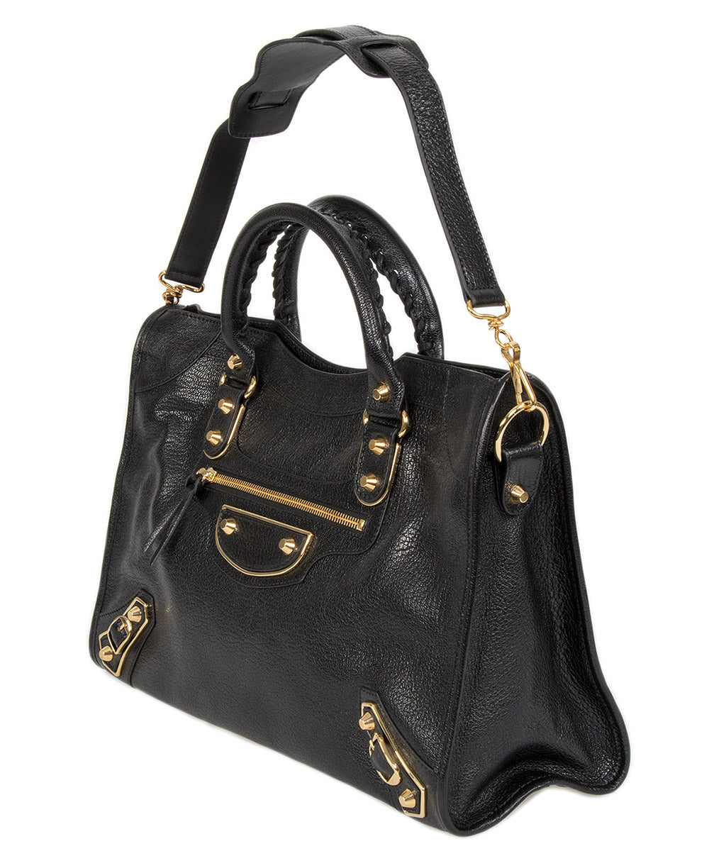 title:Balenciaga Classic Metallic Black Grain Goatskin Edge City Bag;color:Black