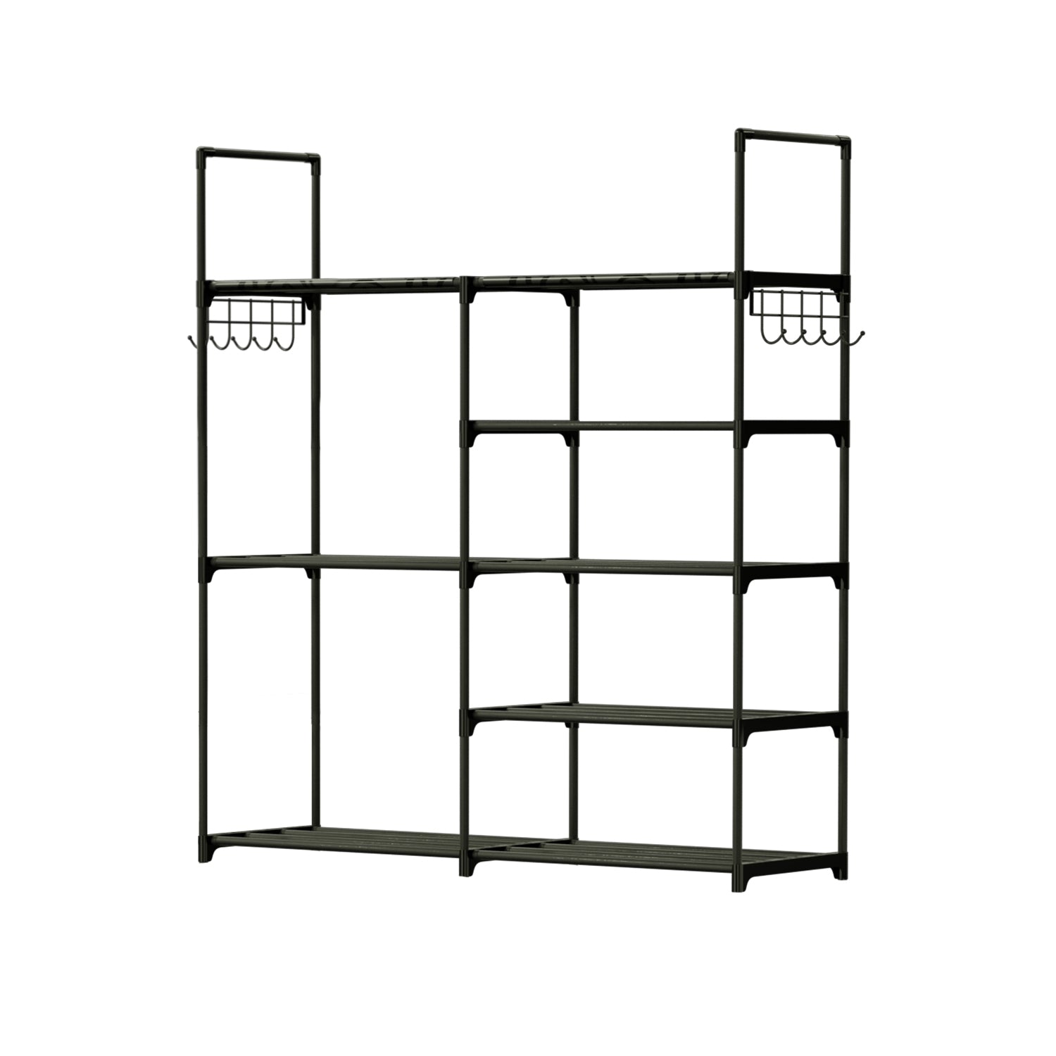 title:5 Tiers Plus 3 Tiers Shoe Rack Metal Shoe Storage Shelf Free Standing Shoe Stand 16+ Pairs Shoe Tower Unit Tall Shoe Organizer with 2 Row Hooks for En;color:Black