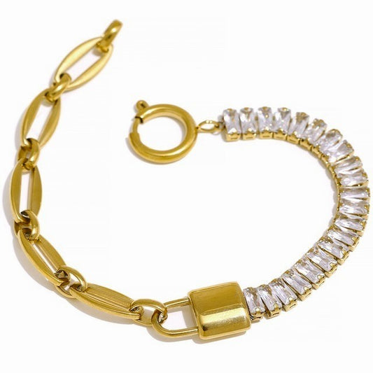 title:18K Gold-Plated CZ  Bracelet  with Padlock Charm;color:Gold