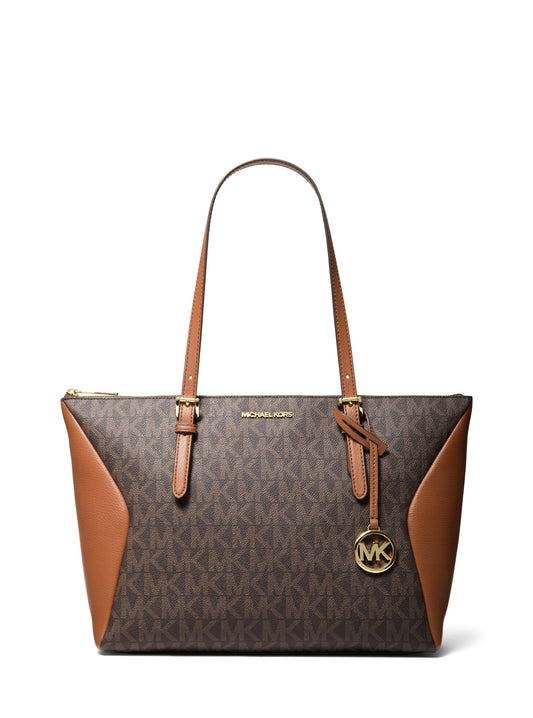 title:Michael Kors Women's Brown Coraline Large Logo and Leather Tote Bag;color:Brown