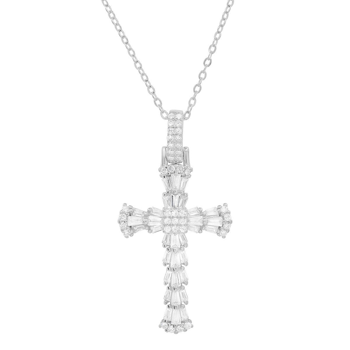 title:Sterling Silver Baguette-cut CZ Cross Pendant;color:Silver