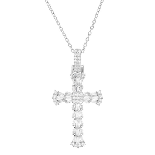 title:Sterling Silver Baguette-cut CZ Cross Pendant;color:Silver