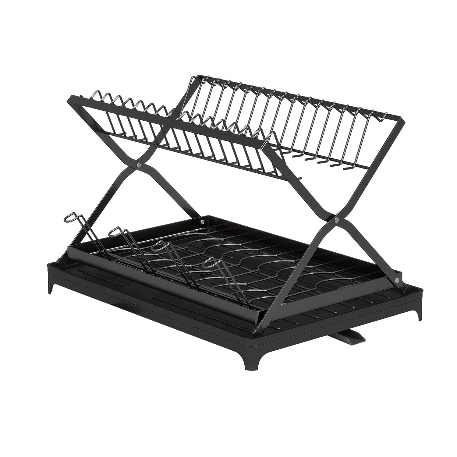 title:2 Tier Dish Drying Rack with Cup Holder Foldable Dish Drainer Shelf for Kitchen Countertop Rustproof Utensil Holder with Drainboard Black;color:Black