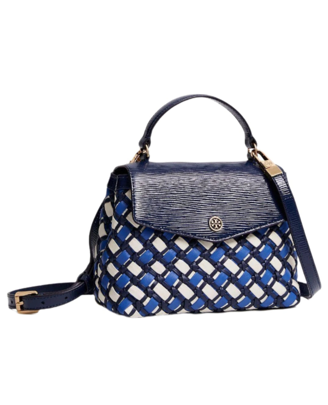 title:Tory Burch Royal Navy Robinson Woven Small Top-Handle Satchel;color:Royal Navy