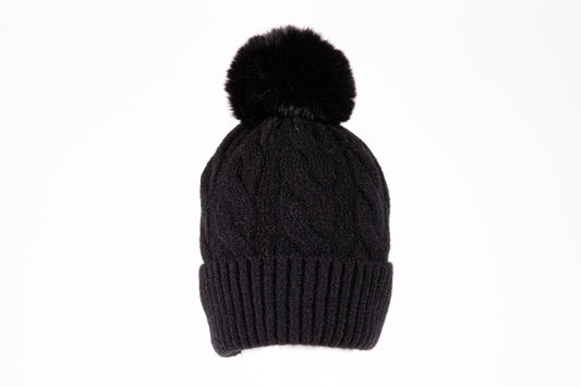 di firenze Cable Knit Hat With Faux Fur Pom Pom