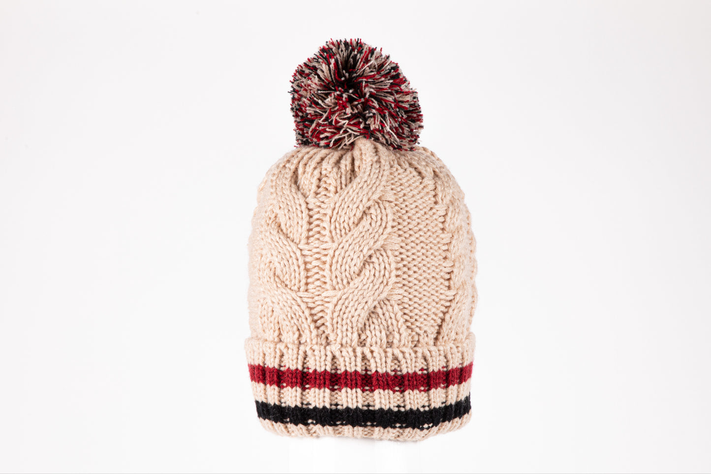 di firenze Cable Knit Hat With Pompom And Striped Border