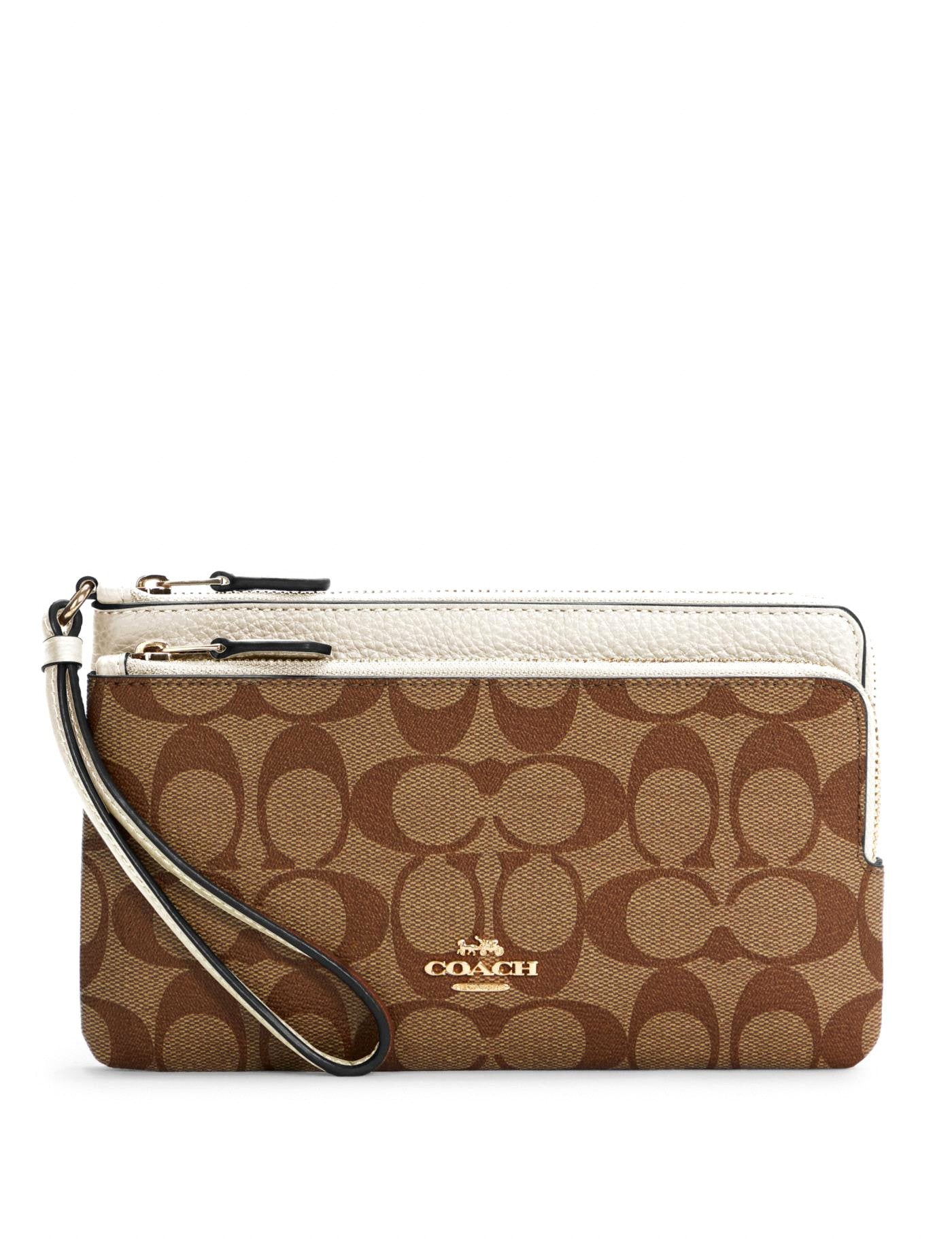 title:Coach Women's Khaki & Chalk Double Zip Wallet In Signature Canvas;color:Khaki / Chalk