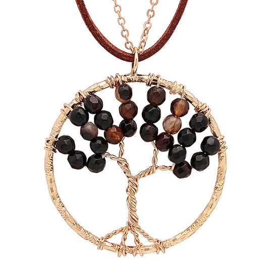 SteelTime Women's Brass Black Agate Tree Of Life Necklace With Brown Velvet