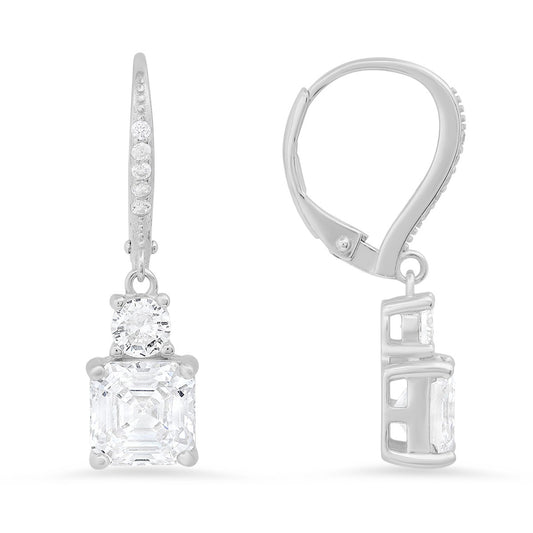 Sterling Silver Round & Asscher-cut CZ Leverback Earrings - Ruumur